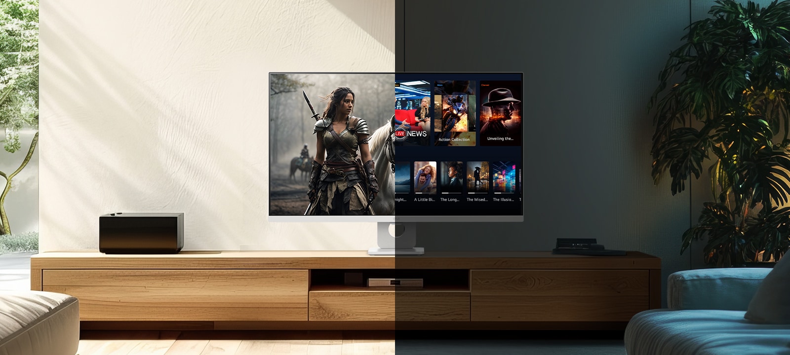 Obrázok vľavo ukazuje vzhľad cez deň s funkciou nastavenia jasu, zatiaľ čo obrázok vpravo ukazuje vzhľad cez noc s rovnakou funkciou.