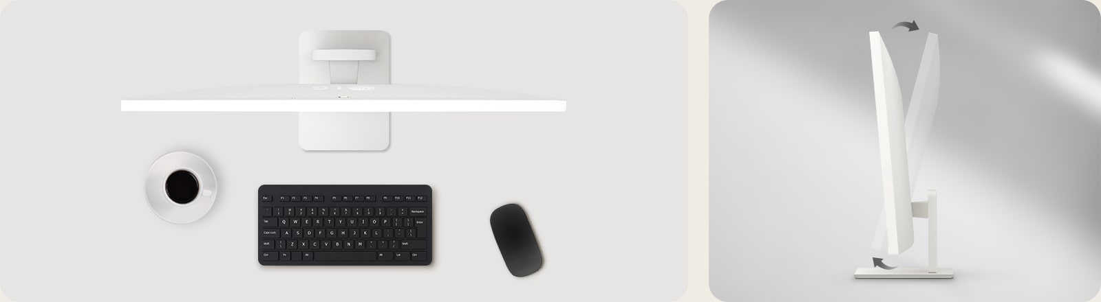 LG Smart Monitor na stole s klávesnicou, myšou a šálkou kávy pri pohľade zhora, zobrazený vedľa pohľadu zboku zdôrazňujúceho nastaviteľnosť náklonu