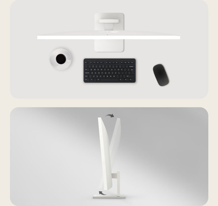 LG Smart Monitor na stole s klávesnicou, myšou a šálkou kávy pri pohľade zhora, zobrazený vedľa pohľadu zboku zdôrazňujúceho nastaviteľnosť náklonu
