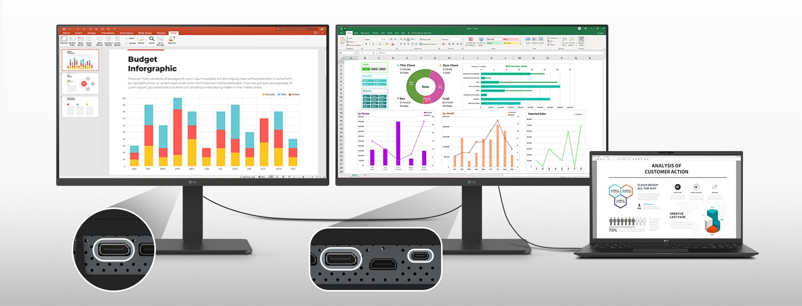 2 monitory a notebook pripojené jednoducho pomocou jediného kábla USB-C.