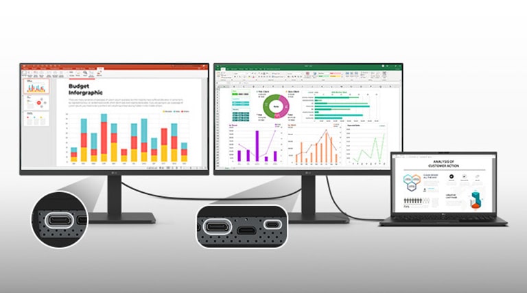 2 monitory a notebook pripojené jednoducho pomocou jediného kábla USB-C.