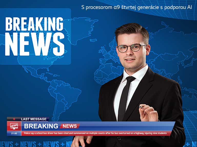 Obrázok s posuvným ovládačom na porovnanie kvality obrazu s moderátorom hlavných správ s mapou sveta na pozadí.