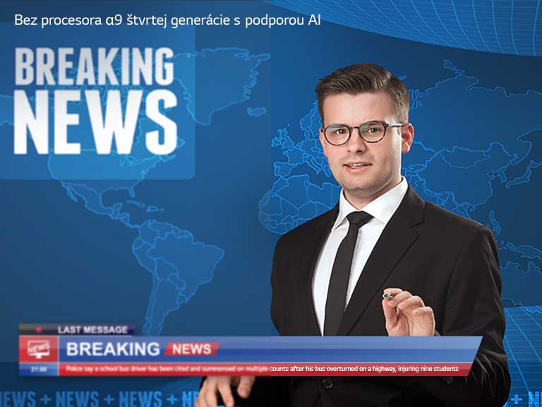Obrázok s posuvným ovládačom na porovnanie kvality obrazu s moderátorom hlavných správ s mapou sveta na pozadí.