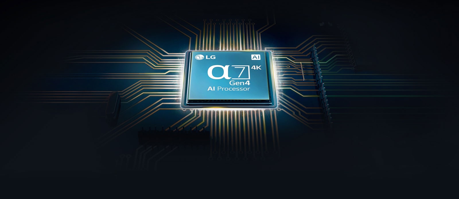 Obrázok štvorcového čipu α7 na čiernom pozadí, z ktorého vyžarujú jemné svetelné čiary.