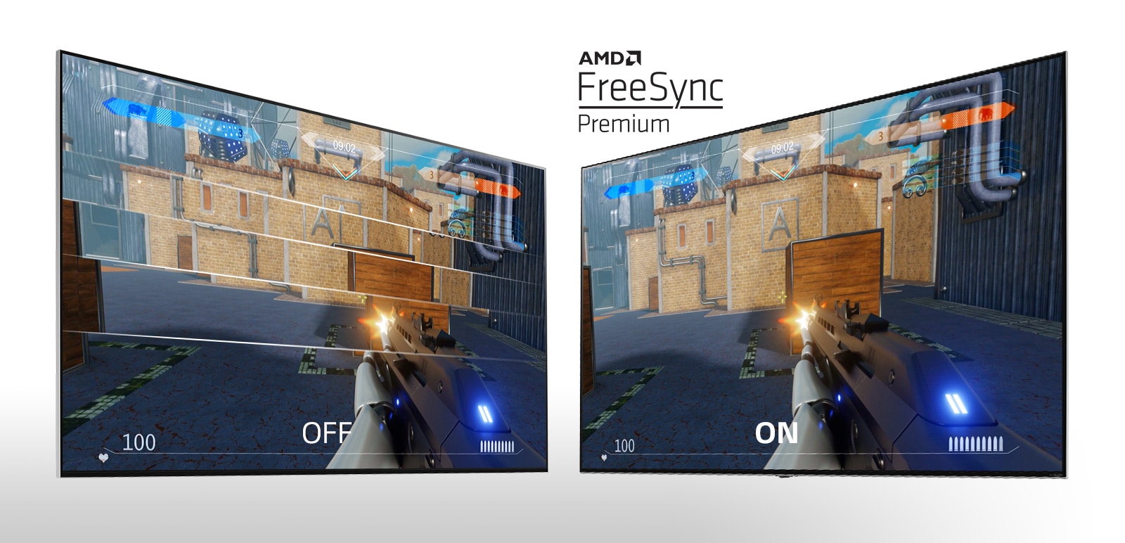 Dve obrazovky televízorov vedľa seba zobrazujúce akčnú hru. Na ľavej obrazovke je text FreeSync off a na pravej obrazovke je text FreeSync on.