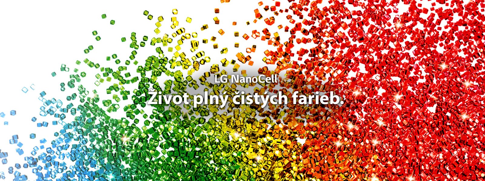 Obrazovka plná čiastočiek sýtych farieb, ktoré prúdia pred bielym pozadím.