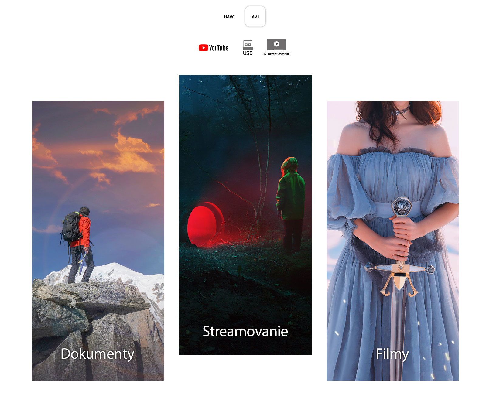 Zľava doprava obrázok muža v turistickom výstroji, ktorý stojí na skalnatom pohorí, tmavý záber na chlapca stojaceho pred tunelom, z ktorého vychádza červené svetlo, a obrázok ženy v modrom odeve na bielom pozadí, ktorá drží meč.
