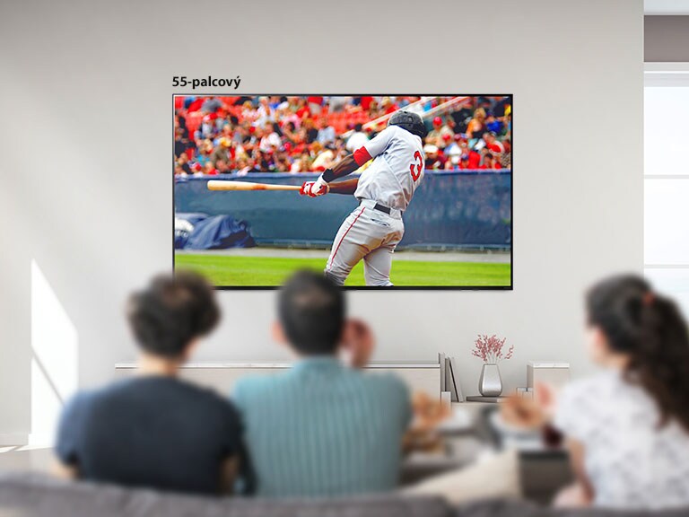 Posúvateľný obraz troch ľudí sledujúcich bejzbalový zápas na veľkom televízore osadenom na stene. Pri posúvaní zľava doprava sa obrazovka zväčšuje.