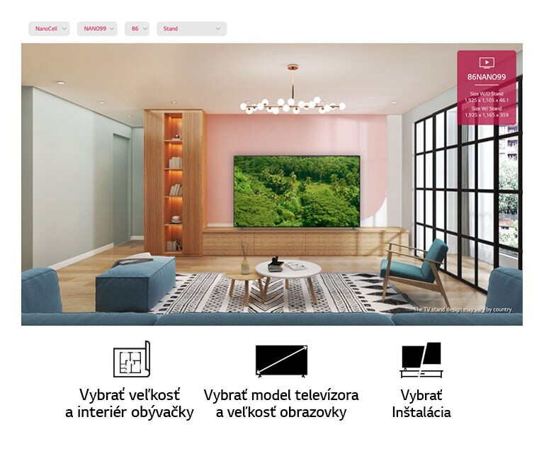 Veľký televízor s plochou obrazovkou namontovaný na ružovej stene a obklopený prirodzenými doplnkami. Na obrazovke je zobrazený bujný les.