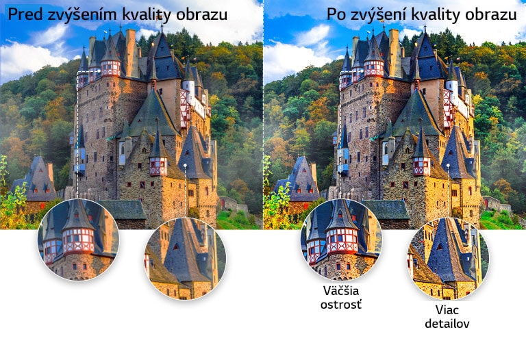 Porovnanie kvality obrazu zámku uprostred lesa so záberom zblízka na jednu striešku s vylepšenou ostrosťou a detailmi po konverzii kvality obrazu na vyššiu úroveň.