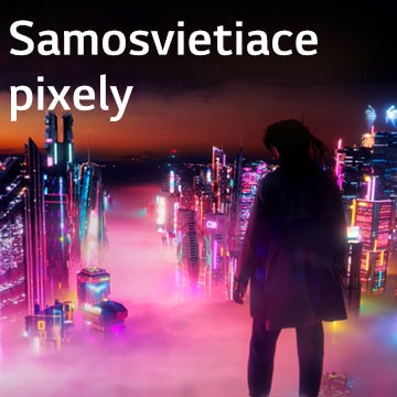 Žena pozerajúca sa nadol na mestskú nočnú panorámu s farebnými neónovými tabuľami.