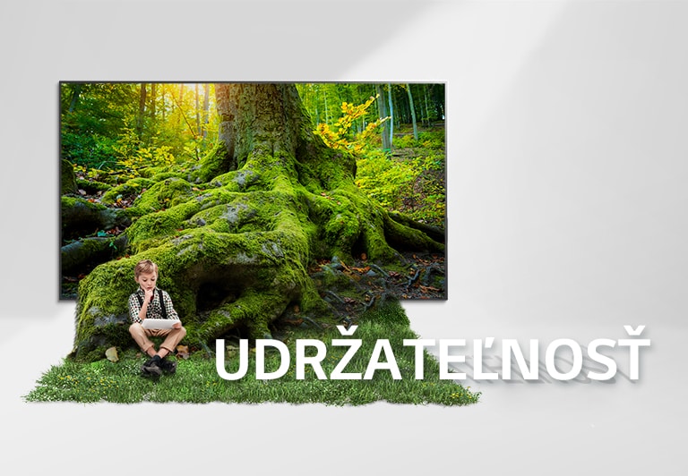 Korene obrovského stromu vystupujú z televíznej obrazovky do priestoru na podlahu pokrytú trávou. Na tráve sedí dieťa.