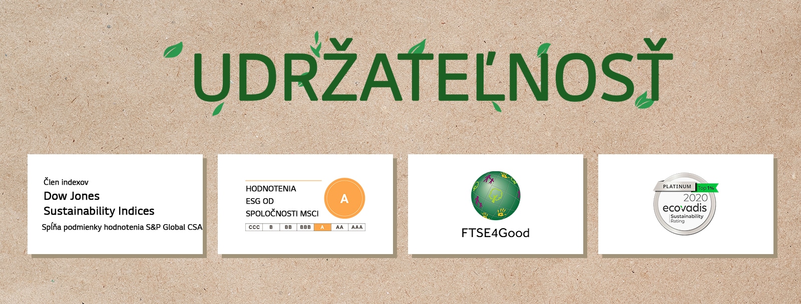 Logo indexov Dow Jones Sustainability Indices. Logo FTSE4Good. Logo hodnotenia udržateľnosti spoločnosťou EcoVadis. Logo hodnotení ESG od spoločnosti MSCI.