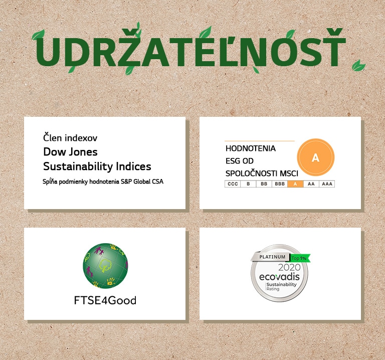 Logo indexov Dow Jones Sustainability Indices. Logo FTSE4Good. Logo hodnotenia udržateľnosti spoločnosťou EcoVadis. Logo hodnotení ESG od spoločnosti MSCI.