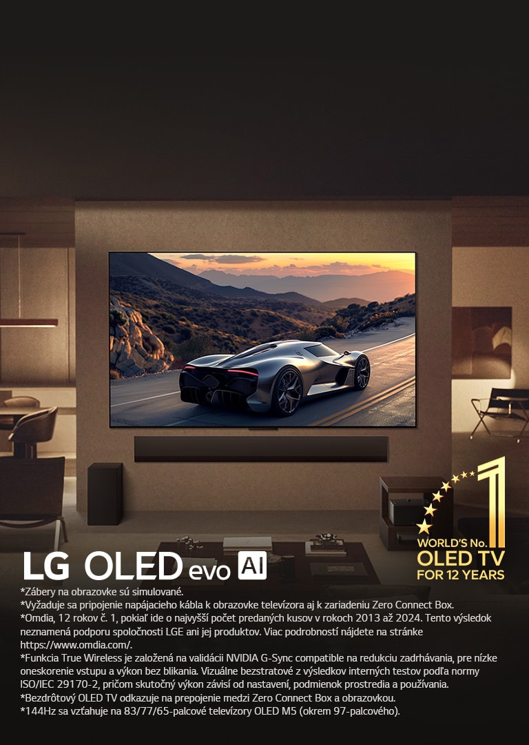 Luxusnú obývacia izba s televízorom LG OLED evo M5 namontovaným na stene. Za ním je LG Soundbar. Zariadenie Zero Connect Box je schované pod odkladacím stolíkom. Nie sú vidieť vôbec žiadne káble, čím je predstavená technológia True Wireless televízora. Sú vidieť emblém Svetová jednotka medzi televízormi OLED TV už 12 rokov a logo LG OLED evo AI. 