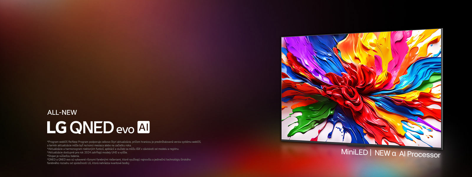 LG QNED TV oproti farebnému tmavému pozadiu. Na obrazovke je jasné a farebné umelecké dielo, ktoré predstavuje technológiu farieb QNED a schopnosť zobrazovať široké spektrum odtieňov s výborným kontrastom. Prítomné úplne nové logo LG QNED evo AI. S titulkami ukazujúcimi MiniLED a nový alpha AI procesor televízora QNED. Titulok znie Každá farba je nanovo definovaná. Začína sa nový zážitok.