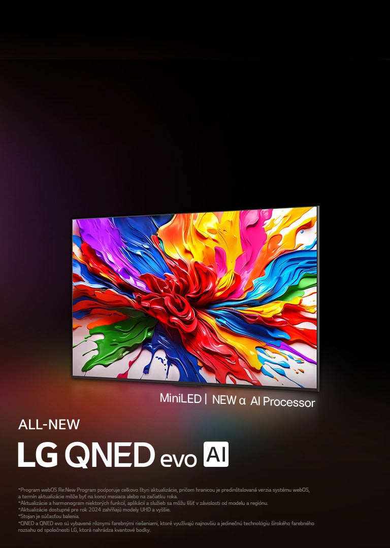 LG QNED TV oproti farebnému tmavému pozadiu. Na obrazovke je jasné a farebné umelecké dielo, ktoré predstavuje technológiu farieb QNED a schopnosť zobrazovať široké spektrum odtieňov s výborným kontrastom. Prítomné úplne nové logo LG QNED evo AI. S titulkami ukazujúcimi MiniLED a nový alpha AI procesor televízora QNED. Titulok znie Každá farba je nanovo definovaná. Začína sa nový zážitok.