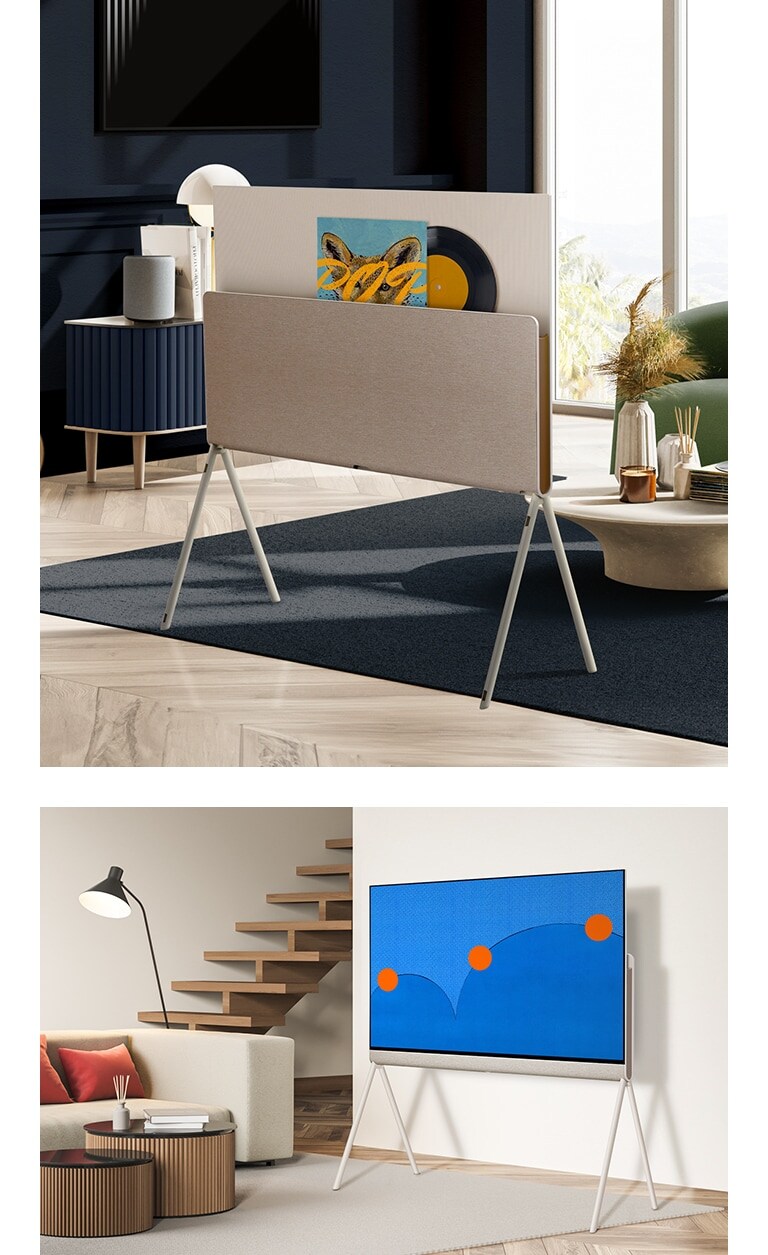 Dva rôzne obytné priestory. V jednom z nich vidíme elegantnú zadnú stranu televízora LG OLED Objet Collection Posé. V druhom vidíme prednú stranu televízora s umeleckými dielami na obrazovke.