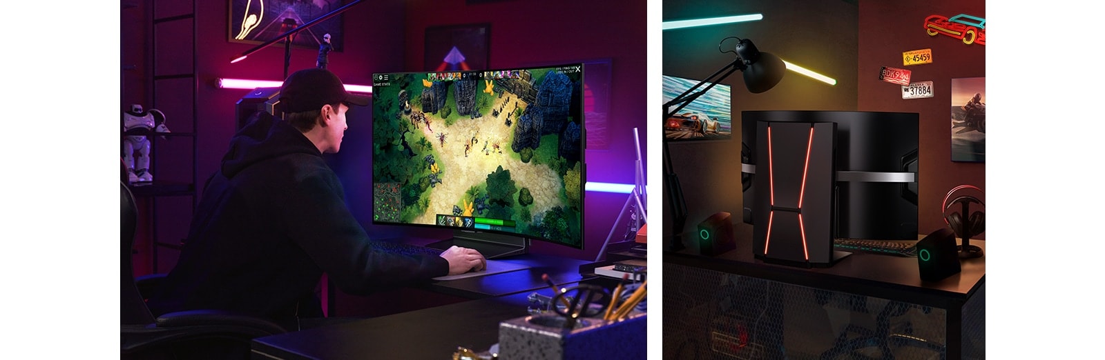 Dve rôzne herné zostavy s monitorom LG OLED Flex na počítačovom stole. Na jednej vidíme hráča, ktorý používa televízor LG OLED Flex na hranie videohry. Na druhej zostave vidieť zadnú stranu televízora LG OLED Flex. Pri tomto uhle je zvýraznené zakrivenie displeja televízora.