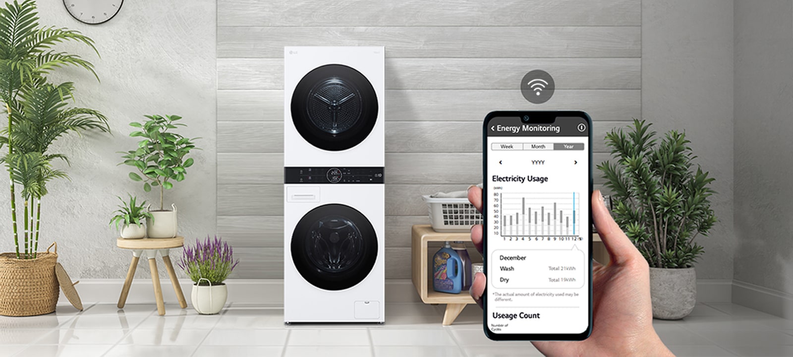 Práčka sa nachádza v práčovni. Ruka drží telefón a ukazuje do kamery obrazovku. Na obrazovke sa zobrazujú informácie o údržbe a spotreba energie, pričom nad obrazovkou sa nachádza symbol Wi-Fi.