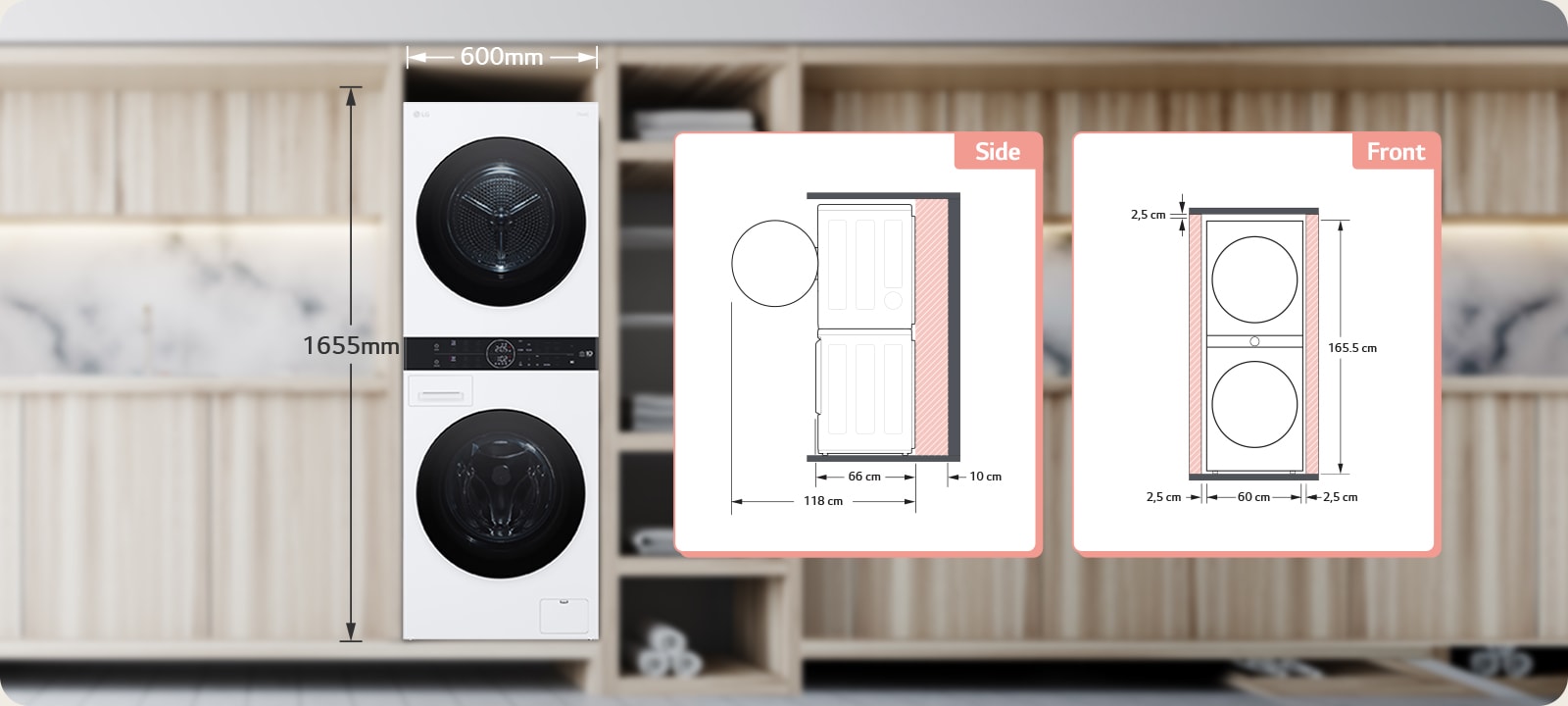 Znázorňuje, koľko miesta budete potrebovať pri inštalácii modelu Washtower. Potrebujeme 10 cm vzadu a 2,5 cm na ľavej a pravej strane.