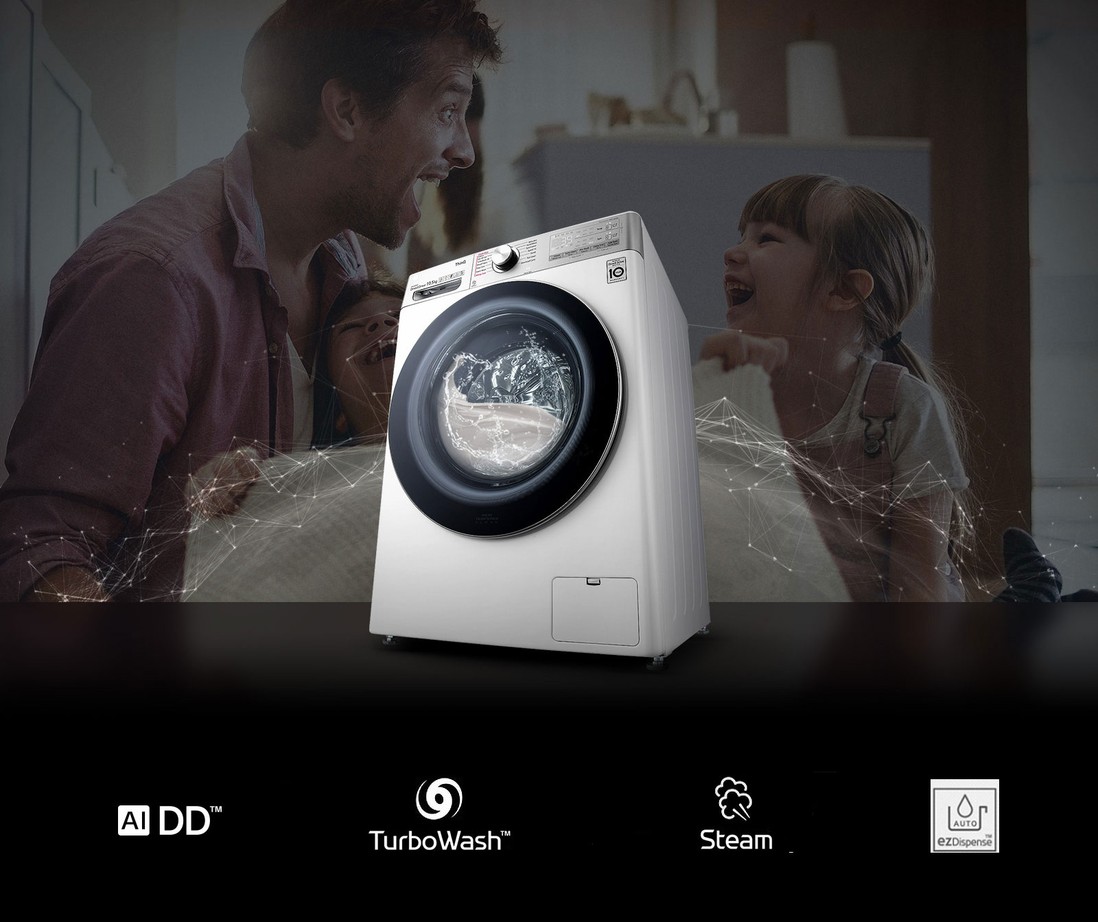 Práčka perie a na pozadí je obrázok otca, ktorý sa smeje s dcérou.