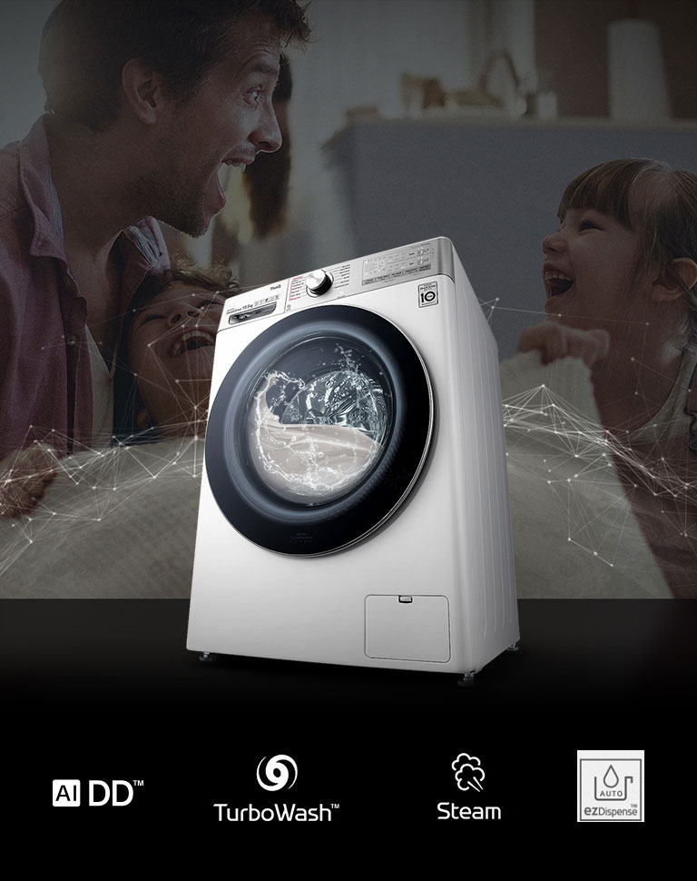 Práčka perie a na pozadí je obrázok otca, ktorý sa smeje s dcérou.