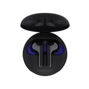 LG Bluetooth bezdrôtové sluchátka | Čistenie UVnano | Meridian Audio | režim Ambient sound | duálne mikrofóny na sluchátkach | výdrž batérie až 18 hodín  , Pohľad zhora na kolísku sa otvoril a vo vnútri boli dve slúchadlá so zapnutým UV osvetlením, HBS-FN6, thumbnail 1