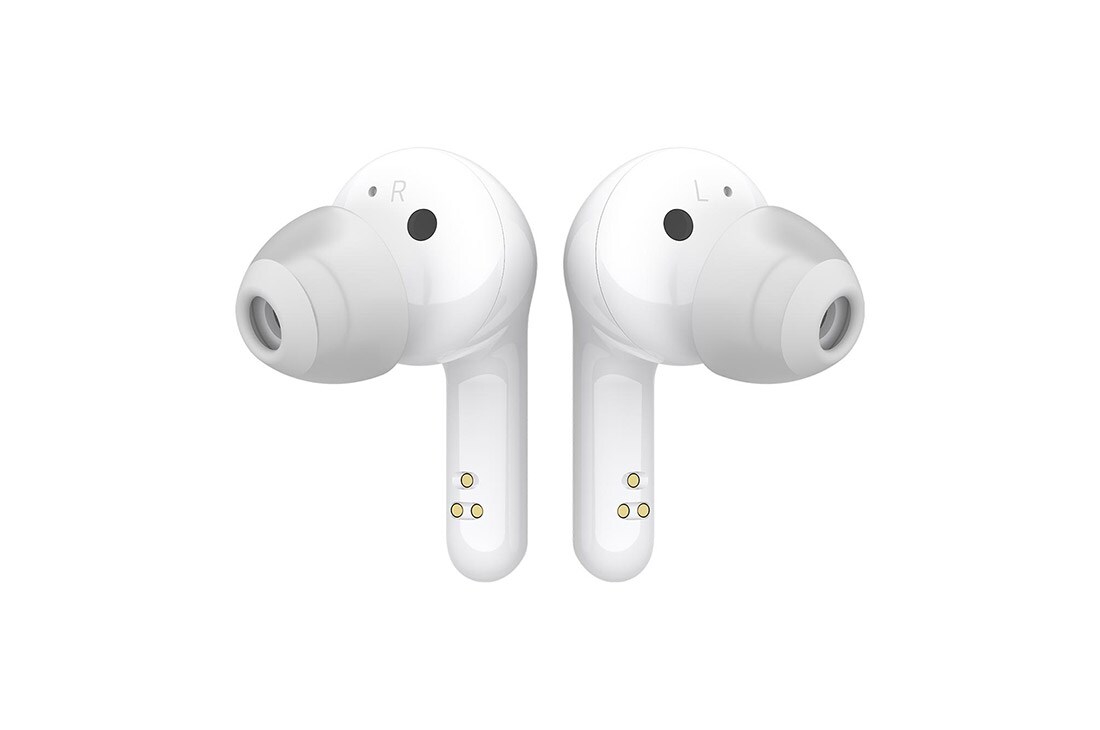 LG Bluetooth bezdrôtové sluchátka | Čistenie UVnano | Meridian Audio | režim Ambient sound | duálne mikrofóny na sluchátkach | výdrž batérie až 18 hodín  , Pohľad spredu na stonky dvoch slúchadiel zarovnaných vedľa seba, HBS-FN6W, thumbnail 7