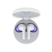 LG Bluetooth bezdrôtové sluchátka | Čistenie UVnano | Meridian Audio | režim Ambient sound | duálne mikrofóny na sluchátkach | výdrž batérie až 18 hodín  , Pohľad zhora na kolísku sa otvoril a vo vnútri boli dve slúchadlá so zapnutým UV osvetlením, HBS-FN6W, thumbnail 1