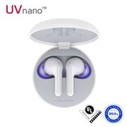 LG Bluetooth bezdrôtové sluchátka | Čistenie UVnano | Meridian Audio | režim Ambient sound | duálne mikrofóny na sluchátkach | výdrž batérie až 18 hodín  , Pohľad zhora na kolísku sa otvoril a vo vnútri boli dve slúchadlá so zapnutým UV osvetlením, HBS-FN6W, thumbnail 2