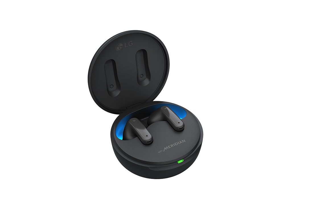 LG Bluetooth  bezdrôtové slúchadlá | Meridian Audio | režim Ambient sound | 3 mikrofóny na slúchadlách | výdrž batérie až 22 hodín  , Puzdro je otvorené a je zapnuté ambientné osvetlenie pri šikmom pohľade zboku zhora pod uhlom 15 stupňov., TONE-FP5, thumbnail 13
