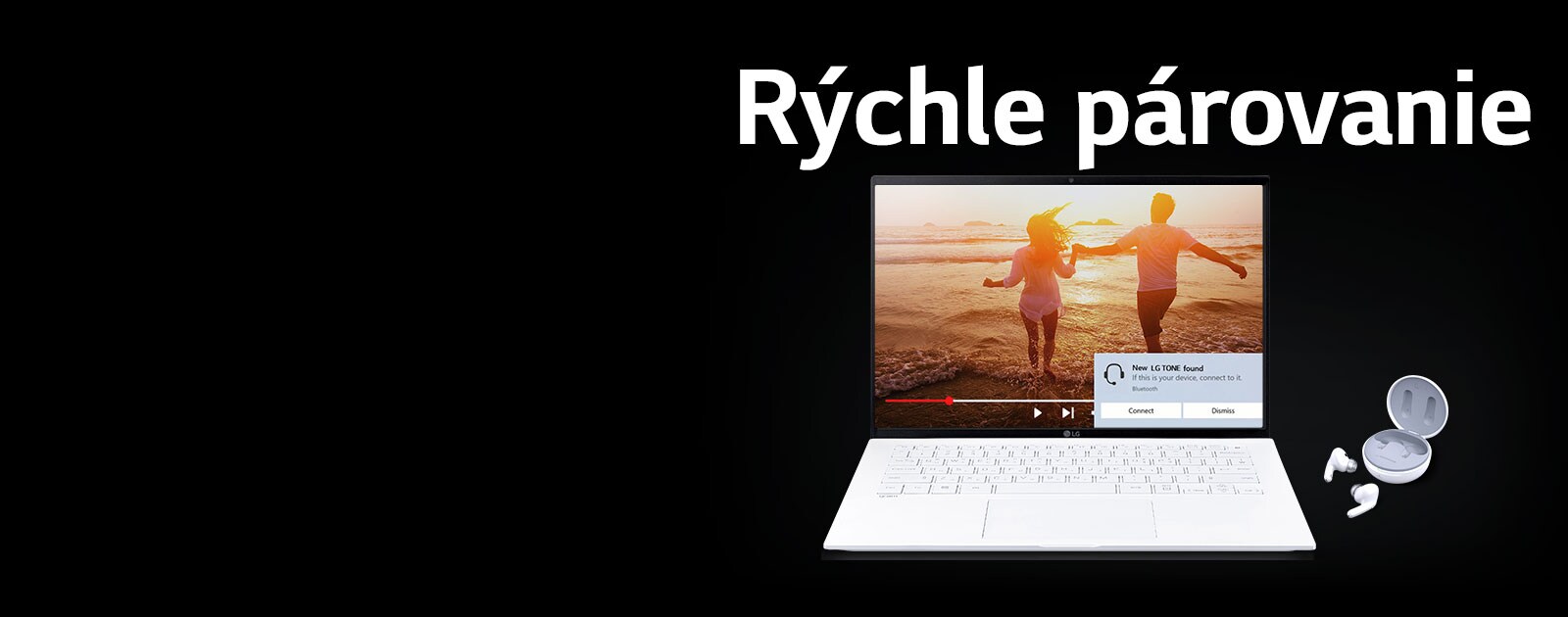 Obrázok laptopu a slúchadiel TONE Free umiestnených pod textom Rýchle párovanie. Na obrazovke otvoreného laptopu sa zobrazuje upozornenie na párovanie.