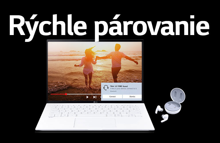 Obrázok laptopu a slúchadiel TONE Free umiestnených pod textom Rýchle párovanie. Na obrazovke otvoreného laptopu sa zobrazuje upozornenie na párovanie.
