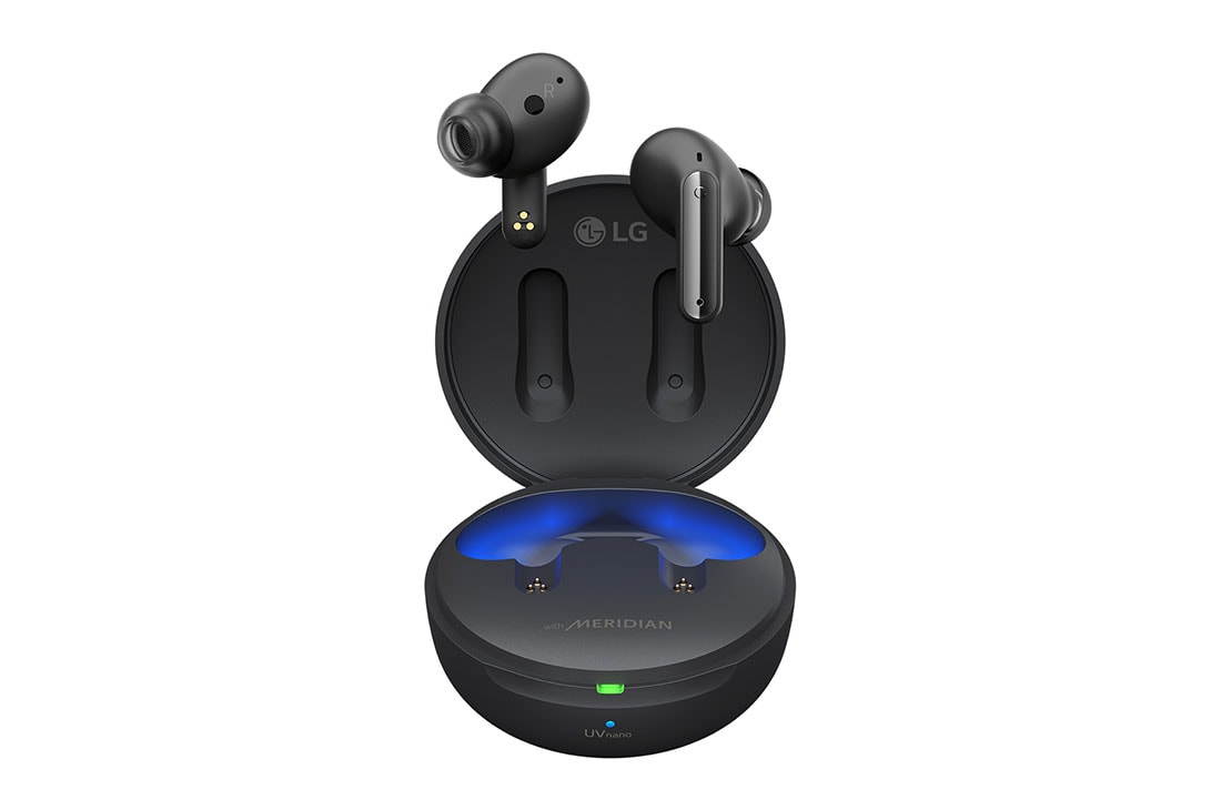 LG Bluetooth bezdrôtové slúchadlá | Meridian Audio | režim Ambient sound | 3 mikrofóny na slúchadlách | UVnano |výdrž batérie až 24 hodín  , Obrázok slúchadiel, ktoré sa vznášajú nad otvoreným puzdrom., TONE-FP8