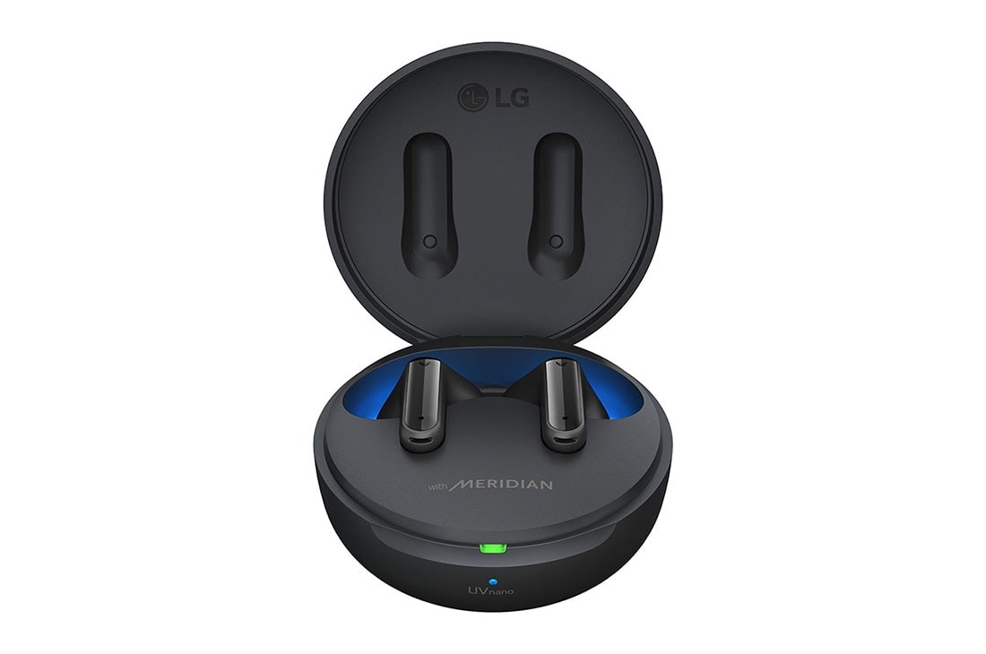 LG Bluetooth bezdrôtové slúchadlá | Meridian Audio | režim Ambient sound | 3 mikrofóny na slúchadlách | UVnano |výdrž batérie až 24 hodín  , Pohľad zhora na otvorené puzdro so zapnutým ambientným osvetlením., TONE-FP8, thumbnail 3