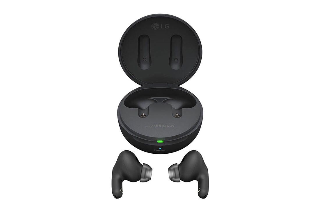 LG Bluetooth bezdrôtové slúchadlá | Meridian Audio | režim Ambient sound | 3 mikrofóny na slúchadlách | UVnano |výdrž batérie až 24 hodín  , Pohľad zhora na otvorené puzdro, pred ktorým sú položené obidve slúchadlá., TONE-FP8, thumbnail 15