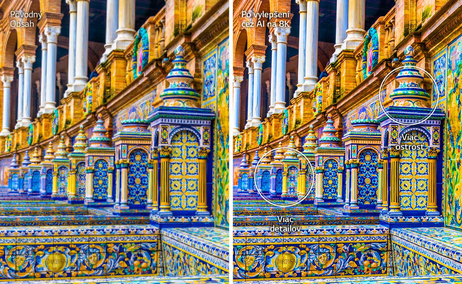 Porovnanie obrázkov so žiarivo farebnými budovami s mozaikou na fasáde vedľa seba. Naľavo sa zobrazuje pôvodný záber a napravo sa zobrazuje záber po vylepšení kvality obrazu na 8K pomocou umelej inteligencie s vylepšeným zobrazovaním detailov a ostrosťou.