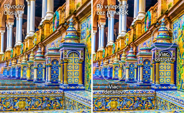 Porovnanie obrázkov so žiarivo farebnými budovami s mozaikou na fasáde vedľa seba. Naľavo sa zobrazuje pôvodný záber a napravo sa zobrazuje záber po vylepšení kvality obrazu na 8K pomocou umelej inteligencie s vylepšeným zobrazovaním detailov a ostrosťou.