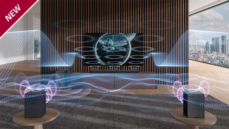 Zo Sound Baru a televízora vychádzajú rôzne modré zvukové vlny. V ľavom hornom rohu sa zobrazuje značka NOVINKA.