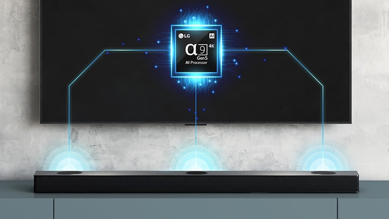 Na zadnej doske televízora, priamo pod ktorou je Sound Bar, sa objavuje obrázok čipu Alpha 9. Zo Sound Baru vychádza aj efekt zvukovej vlny.