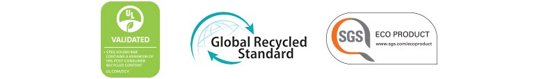 Zľava sú zobrazené:UL VALIDATED (logo), Global Recycled Standard (logo), SGS ECO PRODUCT (logo)