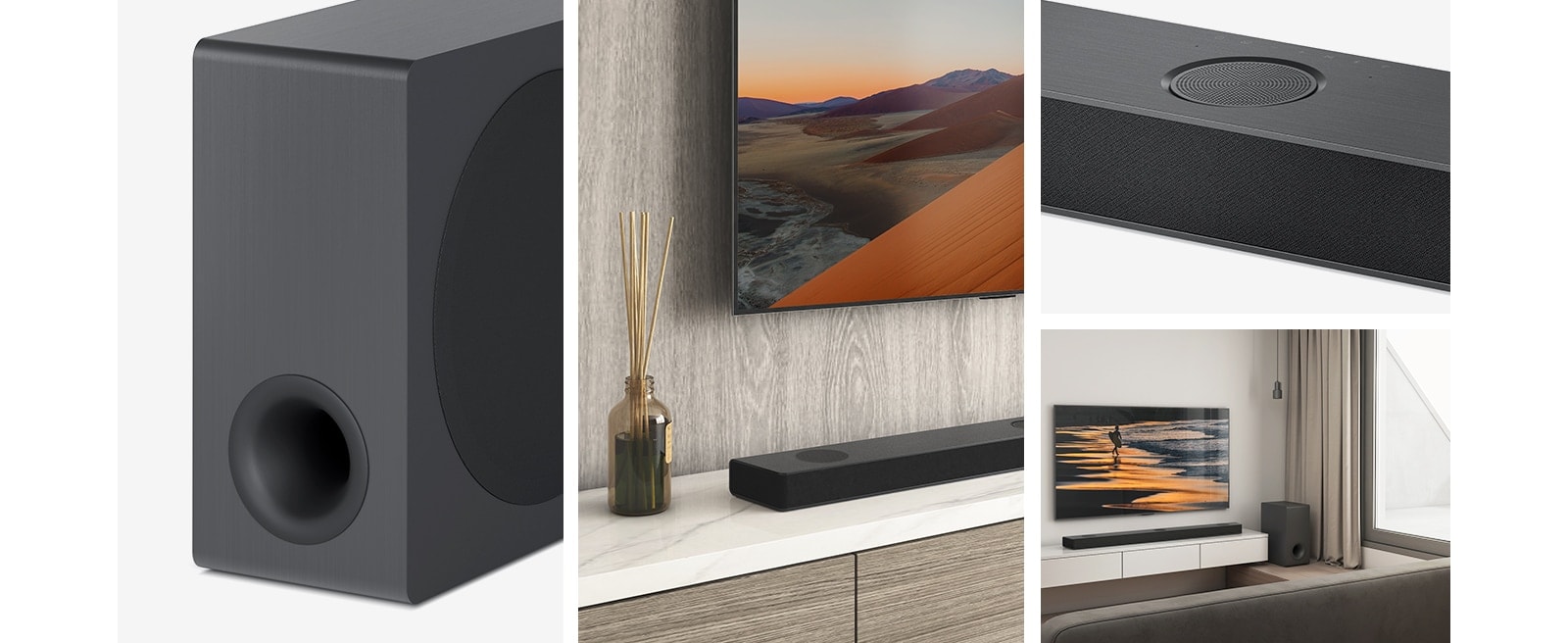 Koláž. Zľava: obrázok subwoofera, detail LG TV zobrazujúceho horu na obrazovke a zvukový panel LG nižšie. Vpravo, v smere hodinových ručičiek zhora nadol: detail stredového kanála vysielajúceho zvuk nahor. V obývačke je umiestnený zvukový panel LG, subwoofer a LG TV, ktorý zobrazuje pláž pri západe slnka.