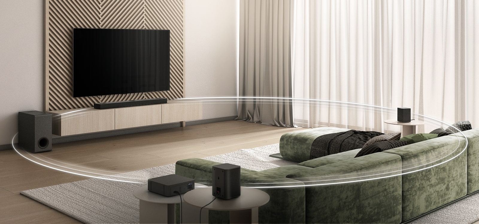V širokej obývačke je televízor zobrazujúci 2 violončelá, Sound Bar, subwoofer a 2 zadné reproduktory. Kruhová grafika spája LG Sound Bar, subwoofer a 2 zadné reproduktory.