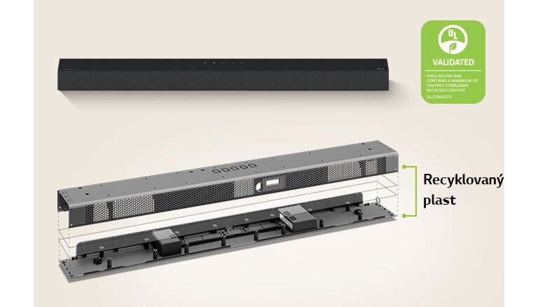 Predný pohľad na zadnú časť Sound Baru a pohľad na Sound Bar v kovovom rámiku vpredu.