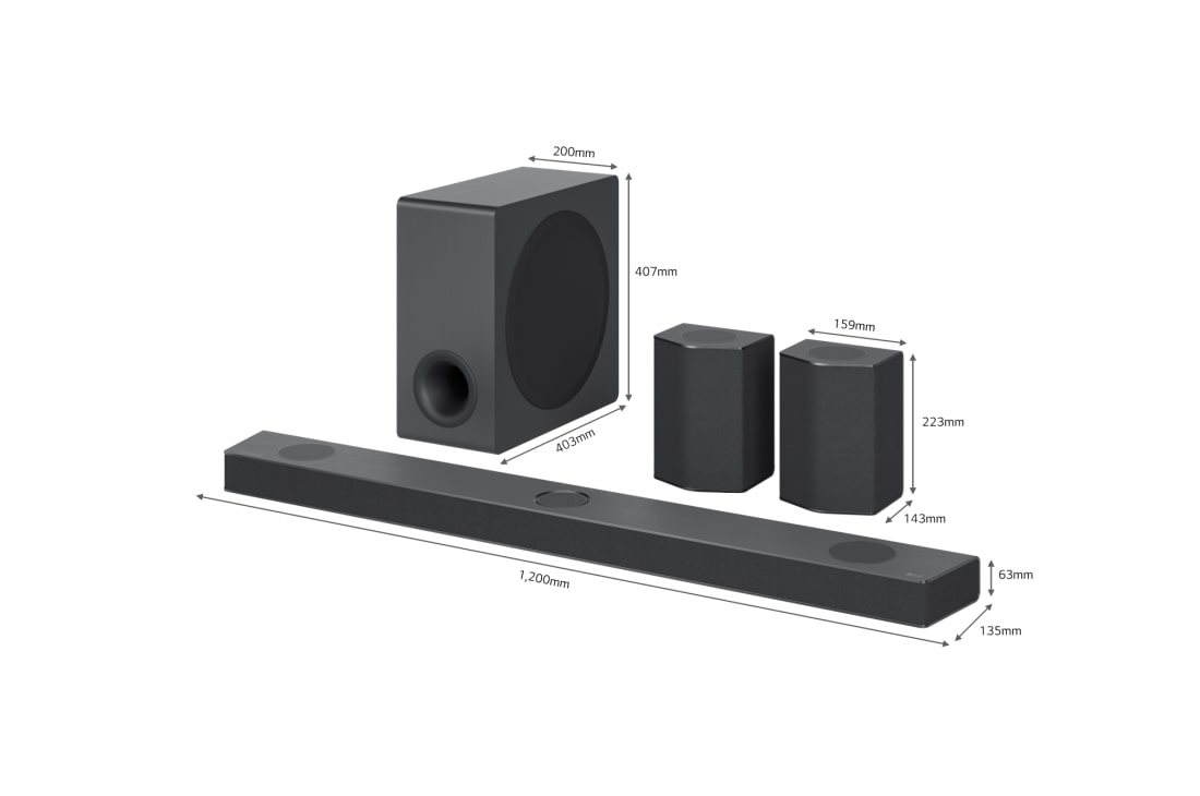 LG Soundbar LG S95QR, Priečny pohľad na Sound Bar, subwoofer a zadné reproduktory s veľkosťou, S95QR, thumbnail 3