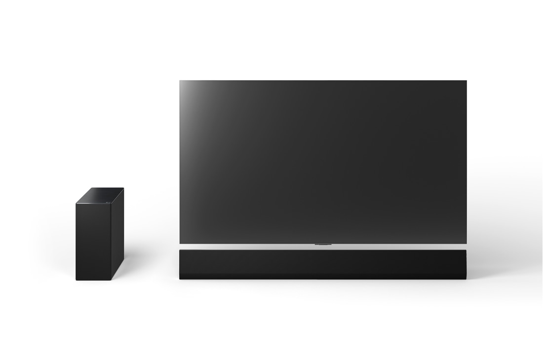 LG Soundbar pre TV s 3.1-kanálovým zvukom Dolby Atmos SG10TY, Pohľad spredu na 65-palcový LG OLED G4, LG Soundbar SG10TY a subwoofer, SG10TY, thumbnail 10