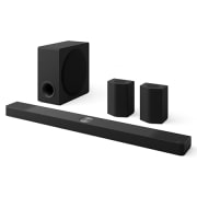LG 9.1.5-kanálový soundbar domáceho kina LG so zadnými reproduktormi a s priestorovým zvukom S95TR, Pohľad zboku pod uhlom 45° na Soundbar, subwoofer a zadné reproduktory, S95TR, thumbnail 2