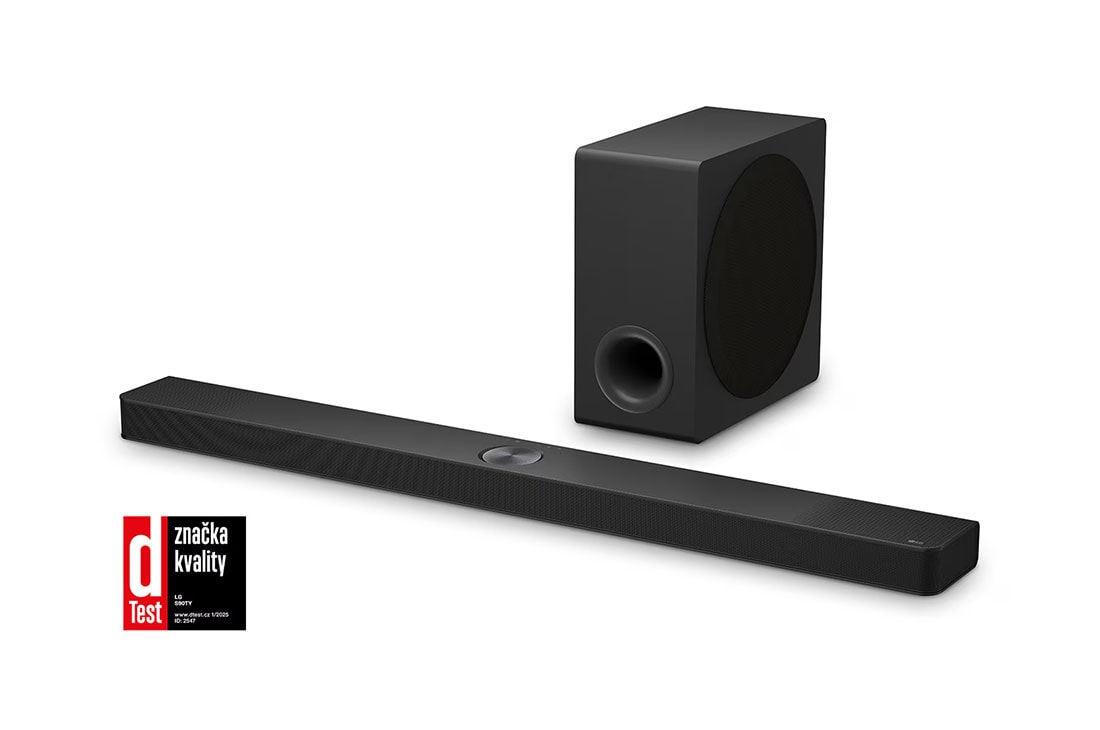 LG Soundbar pre TV s 5.1.3-kanálovým zvukom Dolby Atmos S90TY, Pohľad zhora zboku na LG Soundbar S90TY a subwoofer, S90TY
