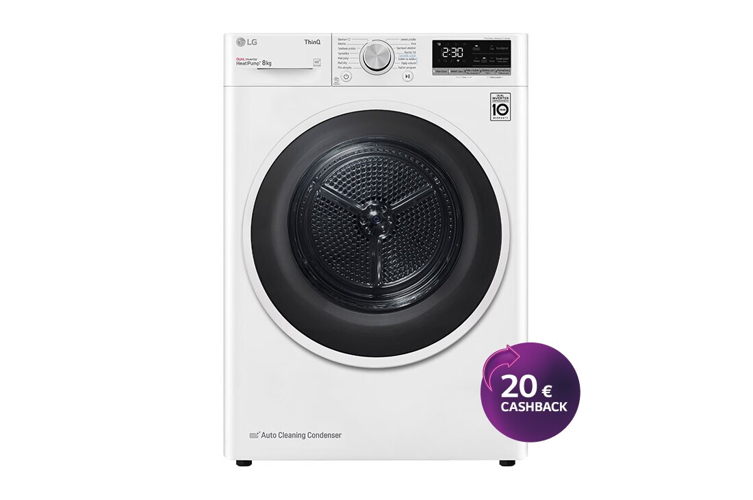 LG 8 kg hybridná sušička s tepelným čerpadlom, invertorový motor, Eco Hybrid™ - hybridné sušenie, automatické čistenie kondenzátora, LG ThinQ + Wi-Fi, energetická trieda A+++ (v rozsahu A+++ až D), RC8TV9AVHN, RC8TV9AVHN